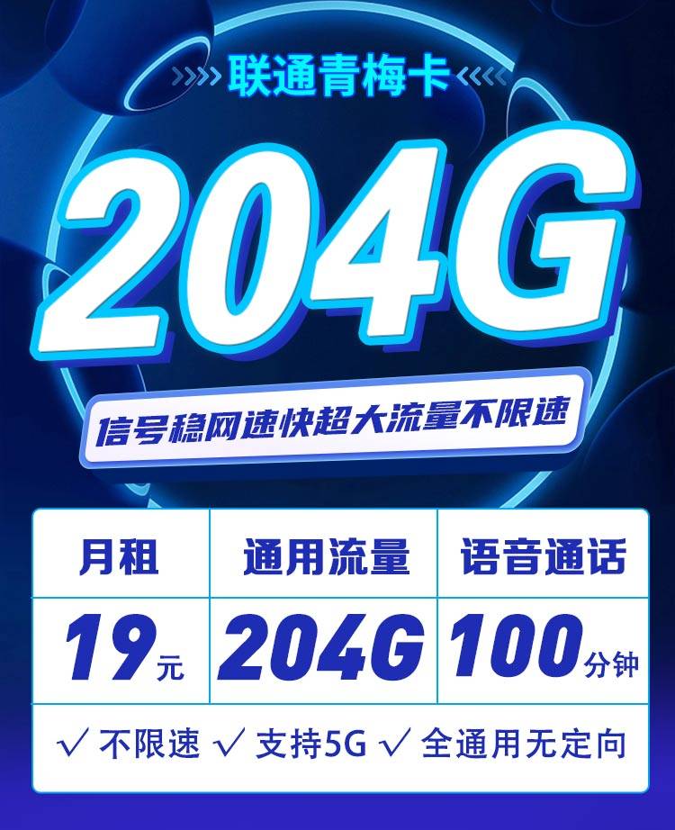 联通青梅卡19元204G通用流量+100分钟通话